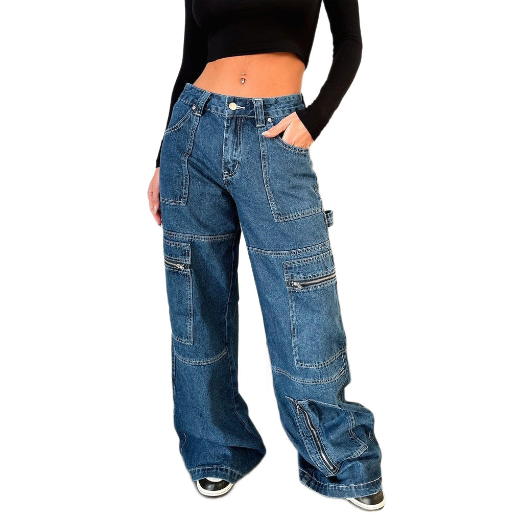 American-style Vintage High-waist Workwear Denim Jeans For Women Wide-leg