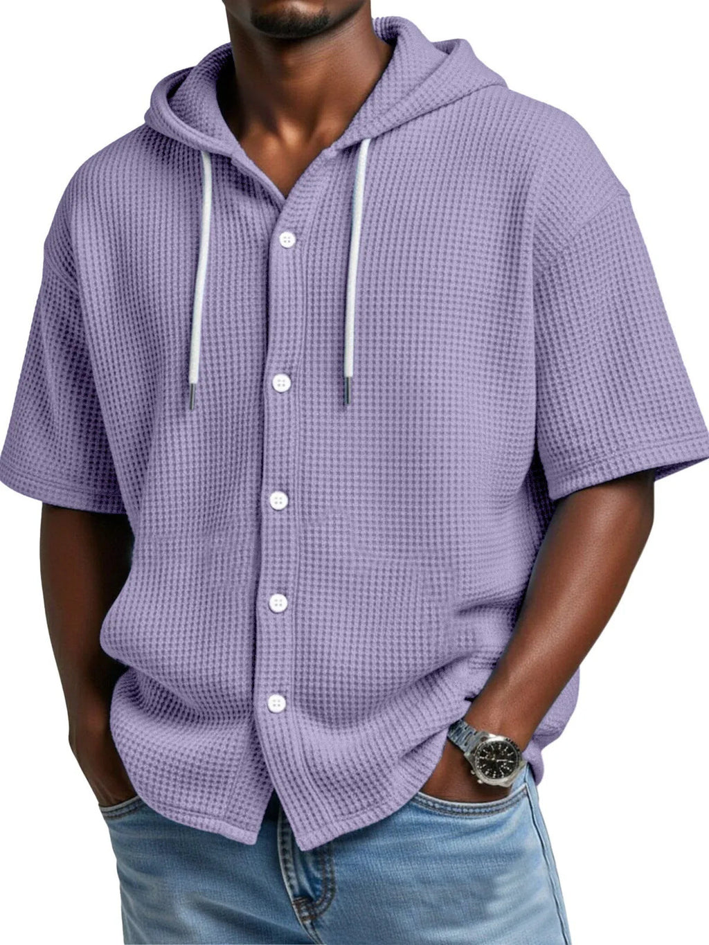 SpringSummer Casual Waffle Weave Hooded Short-Sleeve Top