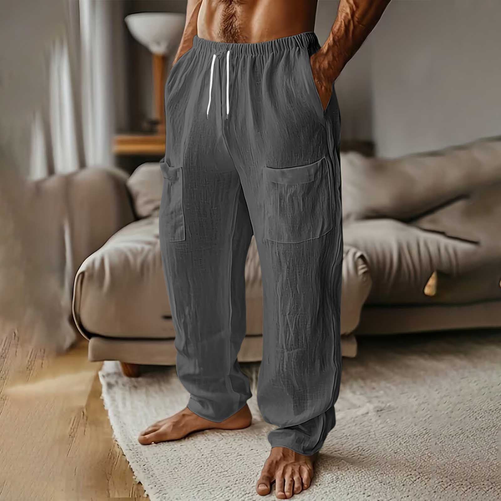 Mens Fashion Cotton-Linen Solid Color Multi-Pocket Elastic Waist Drawstring Casual Straight-Leg Trousers
