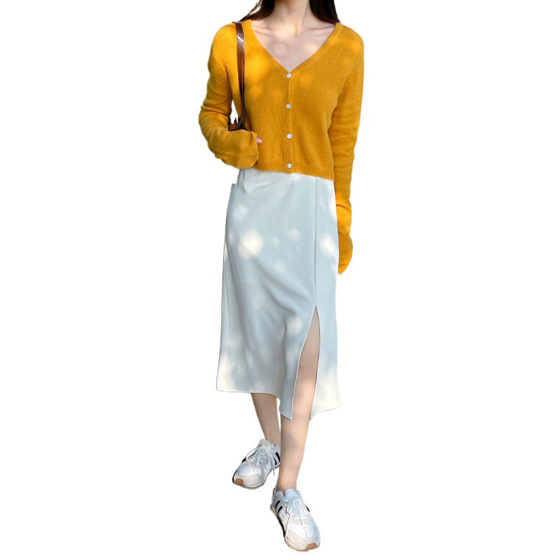 Women's Solid Color Versatile Mid Length Slit Skirt