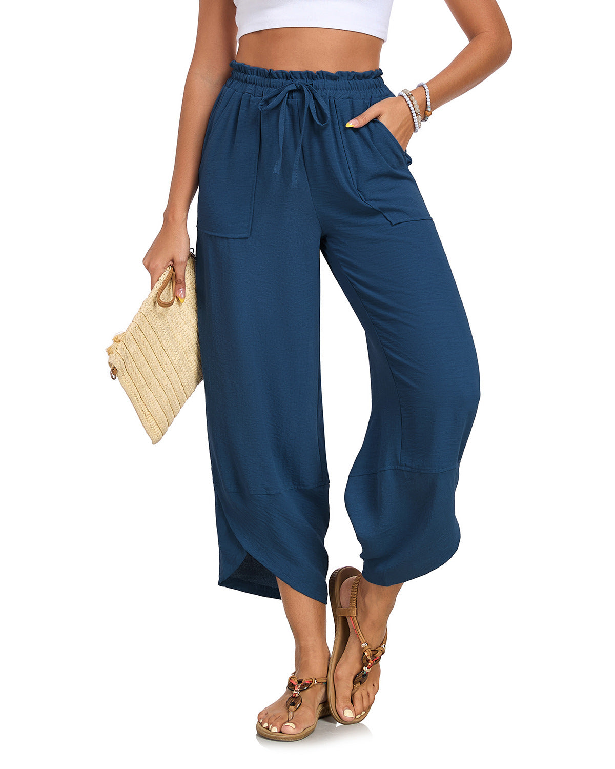 Women's Petal-Print Drawstring Elastic Waist Cropped Wide-Leg Pants