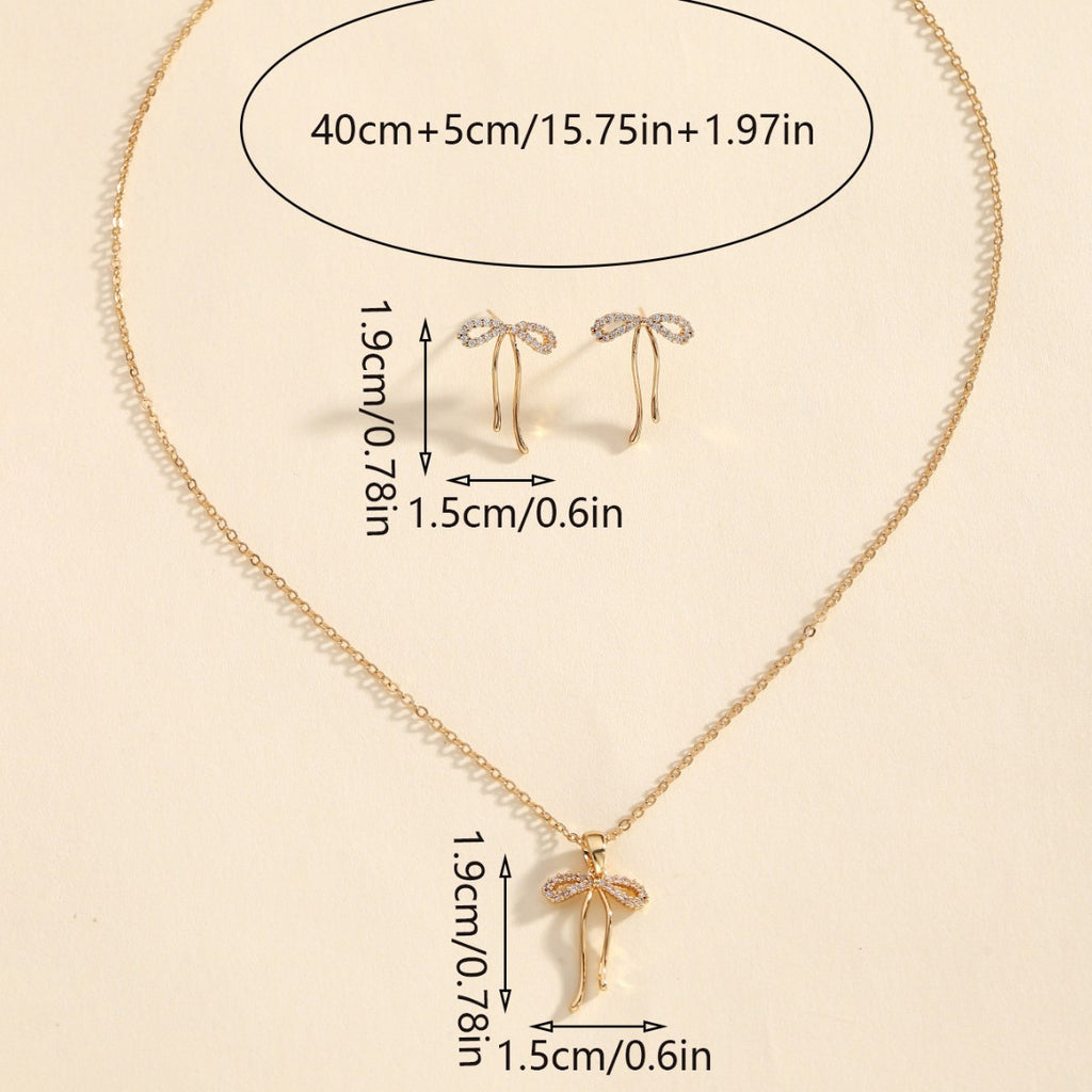 Copper Inlaid Zircon Bow Pendant Earrings Two-Piece Set