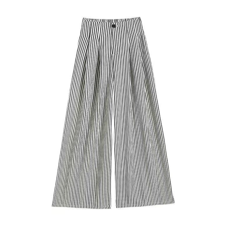 High-waisted Relaxed-fit Slim-fabric Casual Striped Straight-leg Pants