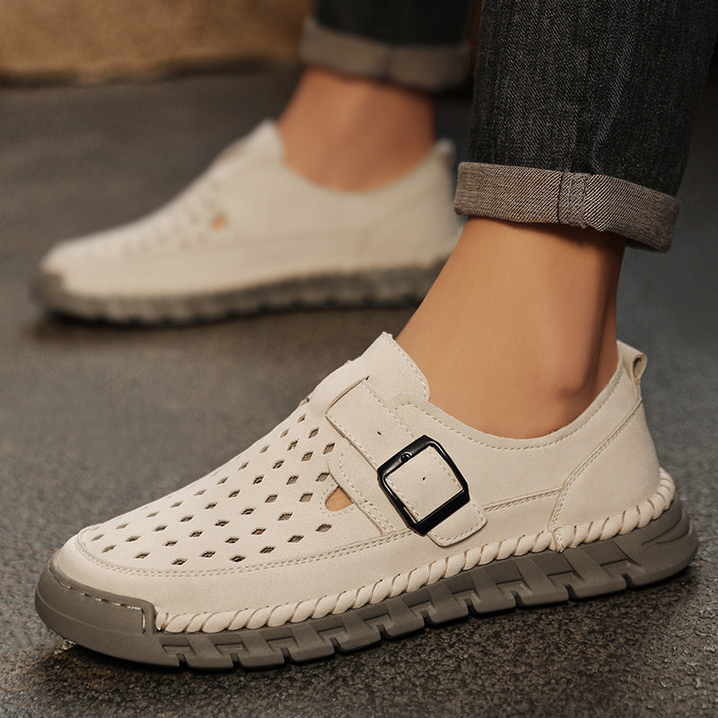 Mens Breathable Stitched Plus-Size Casual Leather Shoes