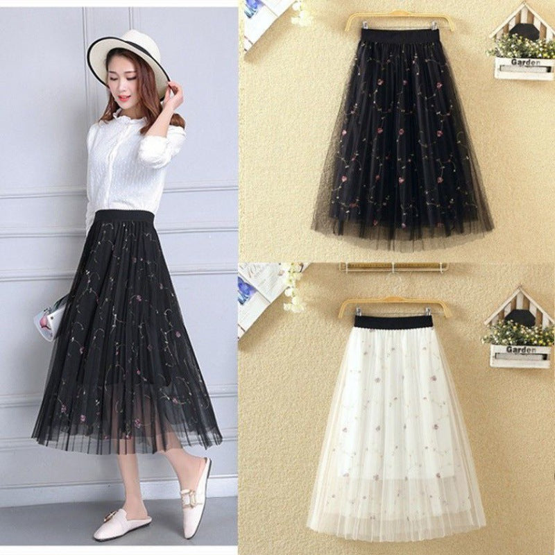 Women's Mid-length Pleated High-waist Slim Mesh Skirt