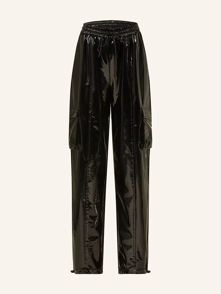 Mirror-finish Patent Leather Stretchy Loose Casual Leather Pants