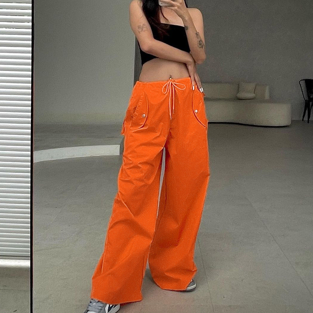Solid-color Lace-up Loose-fitting Straight-leg Work Pants