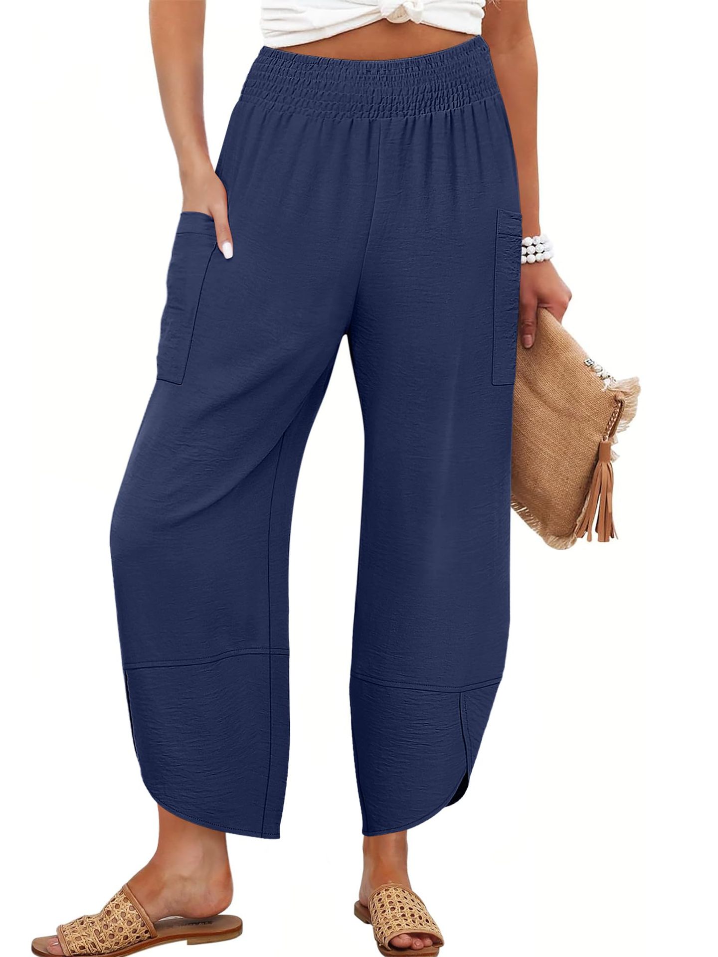 Summer New High-Waist Loose Solid-Color Side-Pocket Cropped Trousers