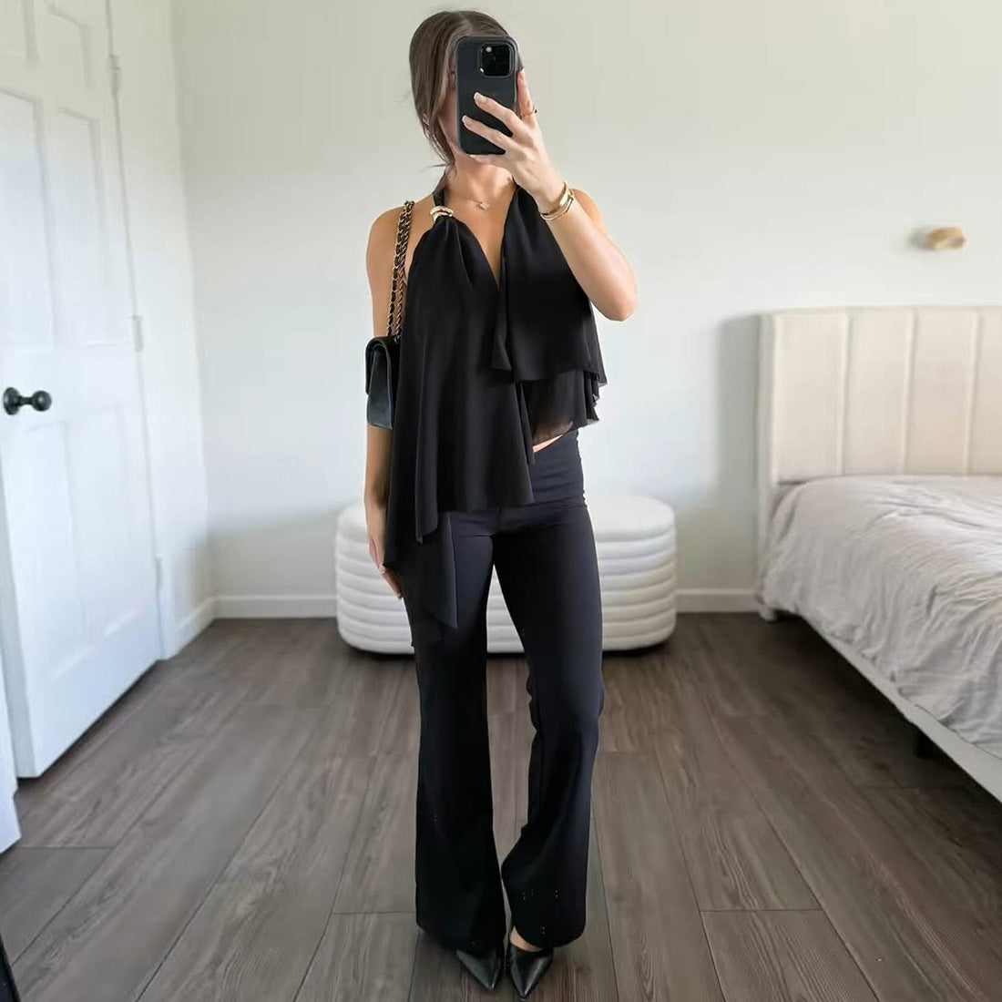Irregular Solid-color Halter Top With Mesh Paneling