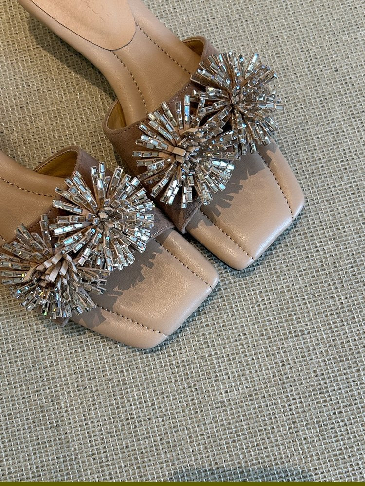 French Square Toe Fireworks Rhinestone Slide Sandals, Elegant Open Toe Luxury Outdoor Slippers