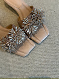 French Square Toe Fireworks Rhinestone Slide Sandals, Elegant Open Toe Luxury Outdoor Slippers