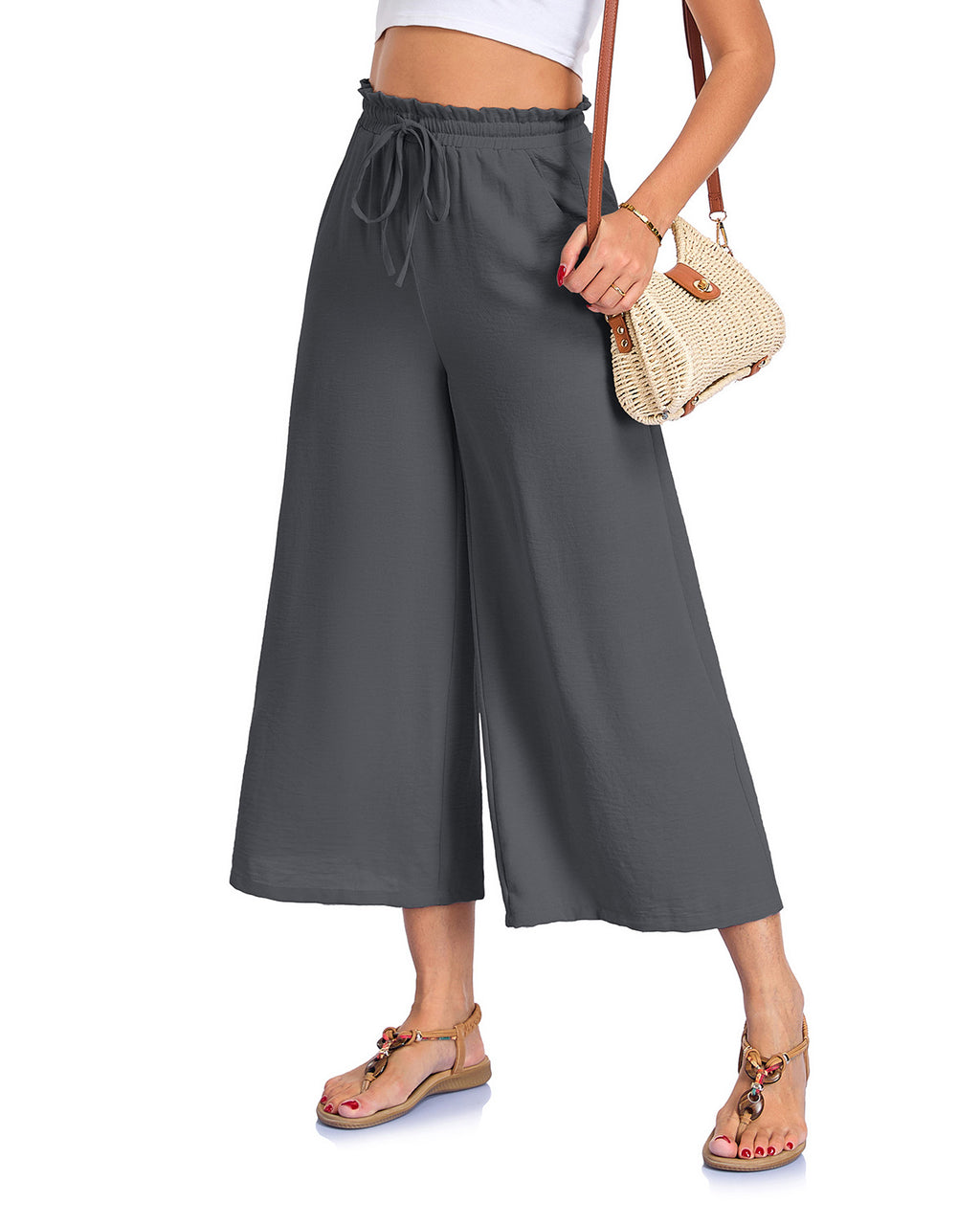 Fashionable Loose-fitting Capri Wide-leg Pants With Pockets And An Elastic Waistband
