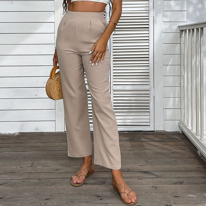Summer European And American Style Cotton-Linen High-Waist Solid Color Cropped Straight Pants For Women