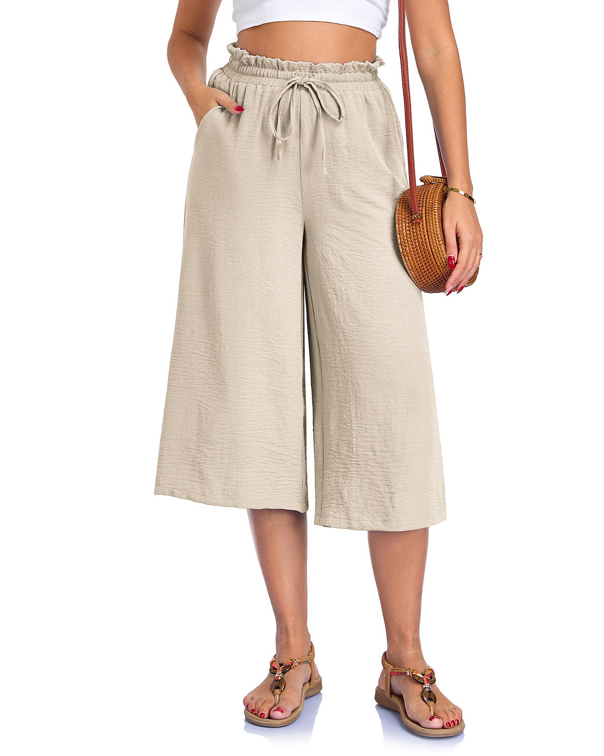 Women's Solid Color All-Match Elastic Cropped Pants Loose Wide-Leg Trousers