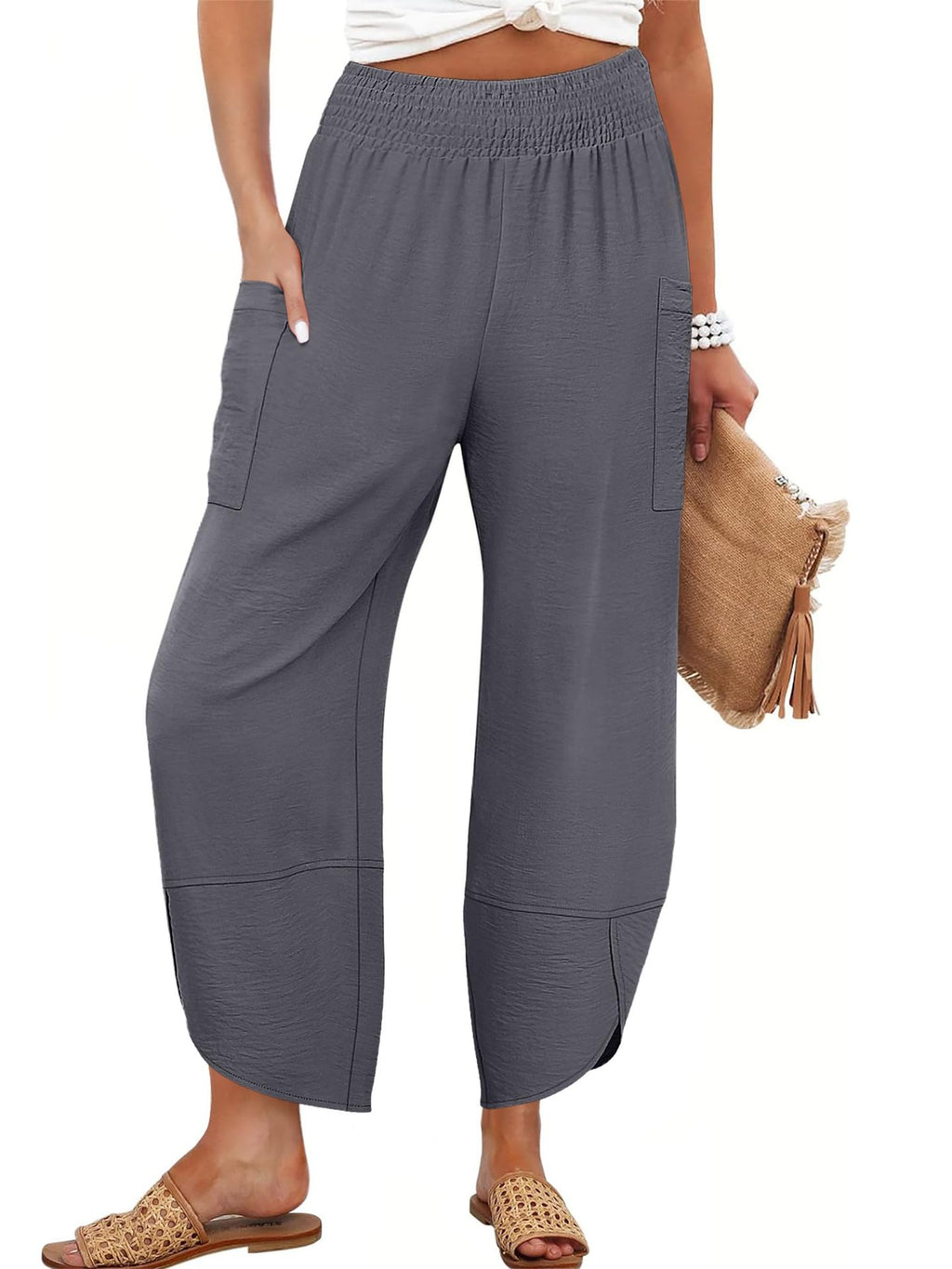 Summer New High-Waist Loose Solid-Color Side-Pocket Cropped Trousers