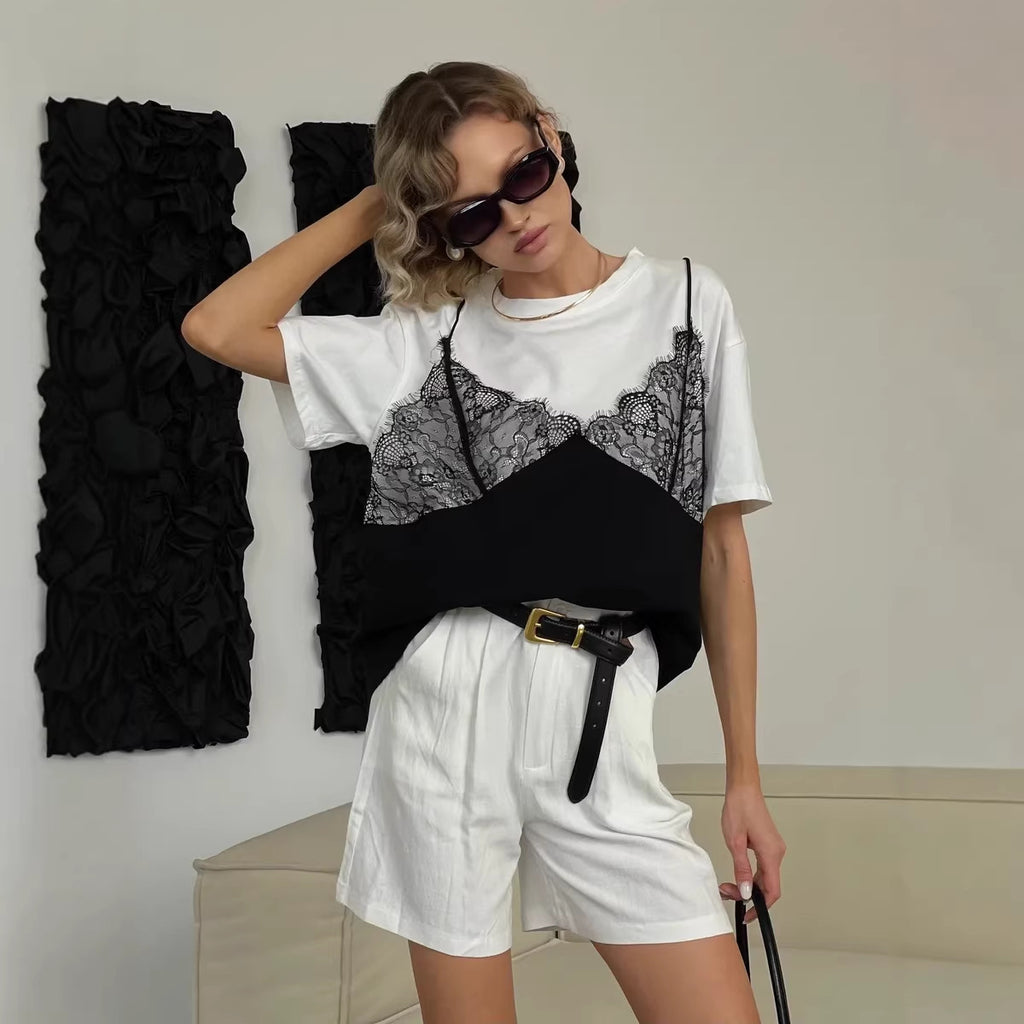 Women's Lace-Patchwork Loose Basic Crew-Neck Short-Sleeve T-Shirt