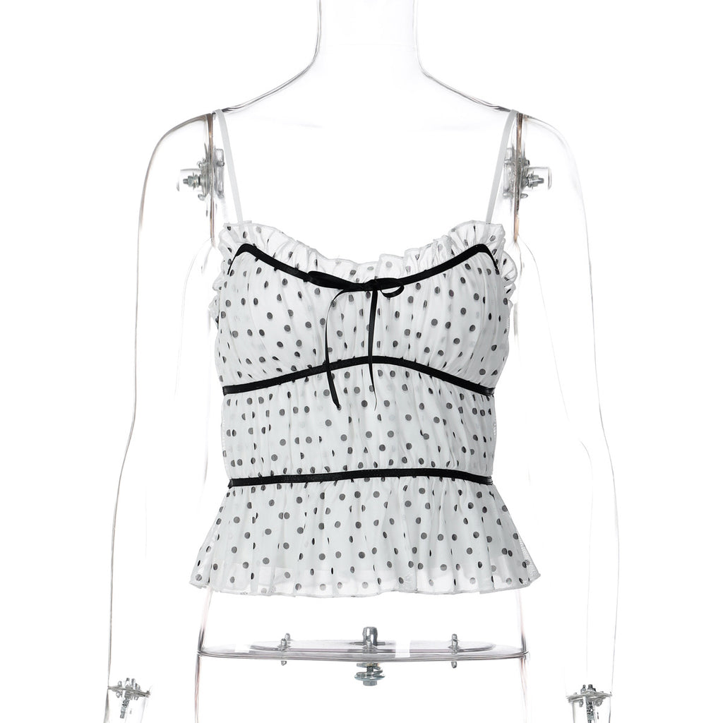 Womens Polka-Dot Printed Mesh Sexy Low-Cut Camisole