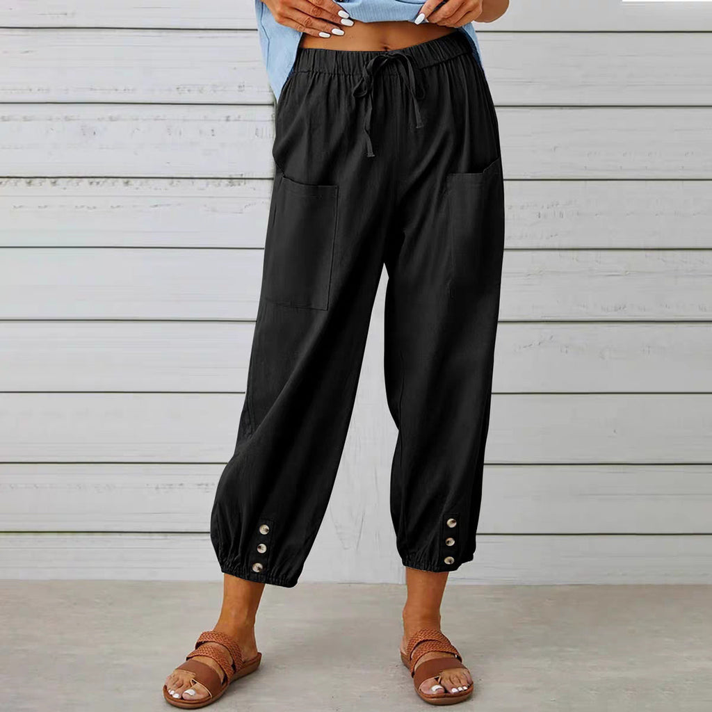 Buttoned Two-tone Linen Cropped Harem Pants