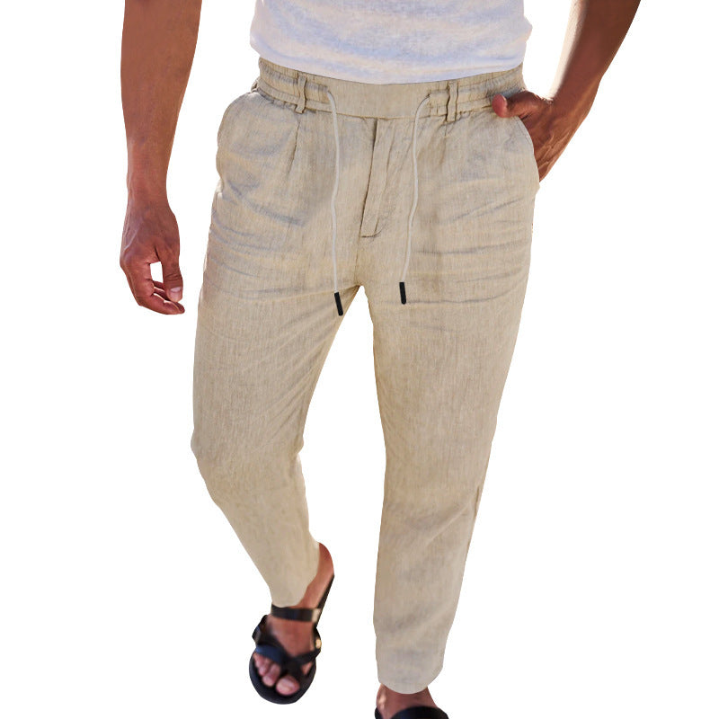Autumn Thin Casual Cotton And Linen Drawstring Straight-leg Trousers
