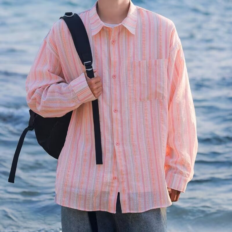 Versatile Sun-Protective Long-Sleeve Shirt Loose-Fit Striped Casual Mens Shirt