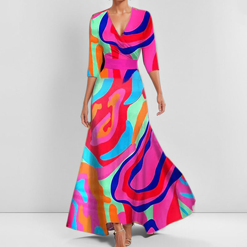 Fashion Print Half-sleeve V-neck Dress Temperament Slim Tight Waist Dresses For Women