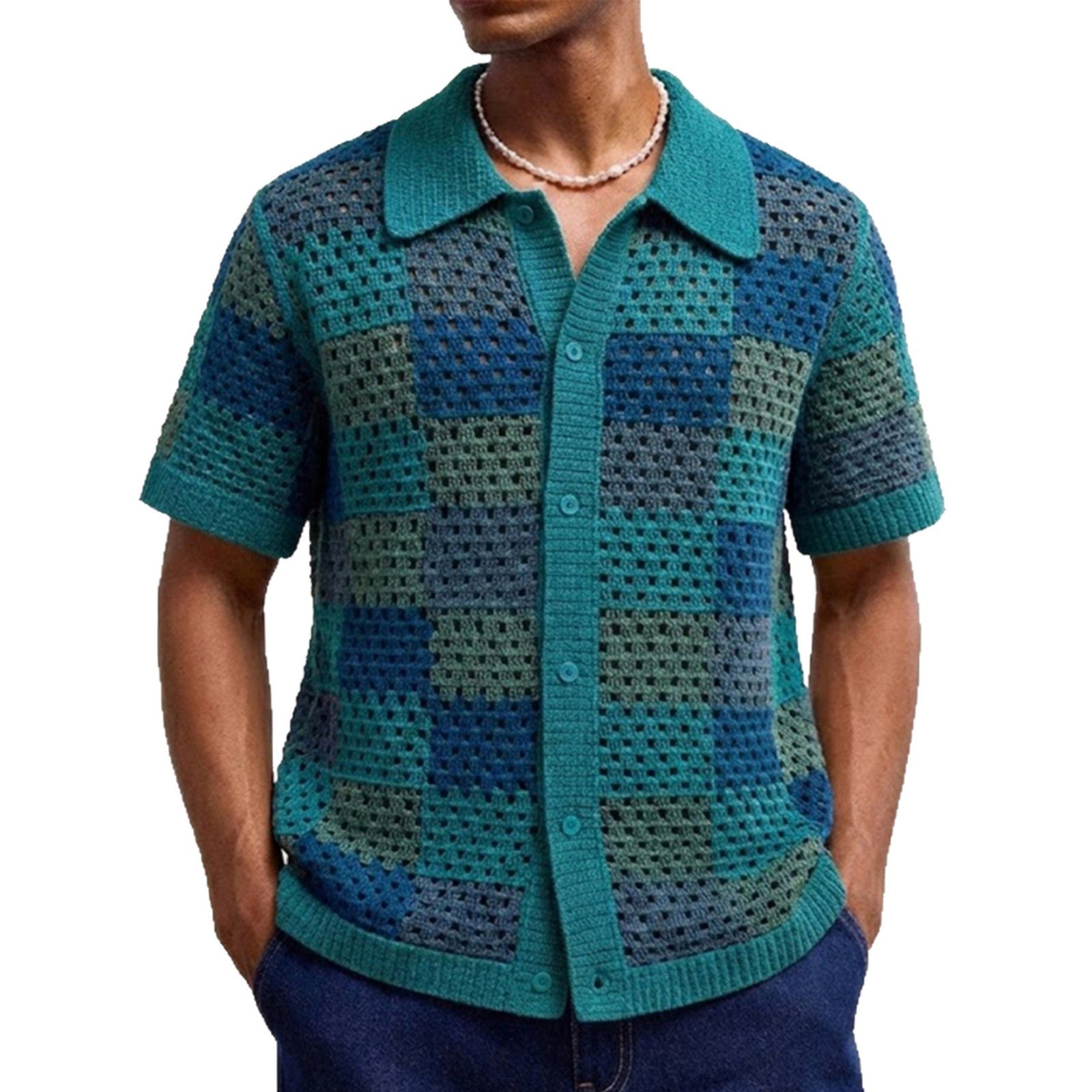 Mens Short-sleeve Cardigan Knit Sweater