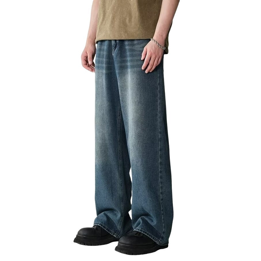 Mens Straight-Leg Relaxed-Fit Vintage Blue Denim Jeans In American Style