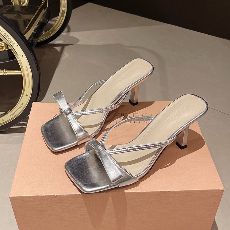 Bow Shaped Square Headed Slippers For Women, French Fashion, Casual, Daily High Heels, Cool Slippers