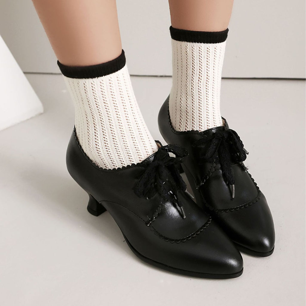 Fashionable High-Heel Plus-Size Embossed Floral Lace-Up Pointed-Toe Womens Pumps