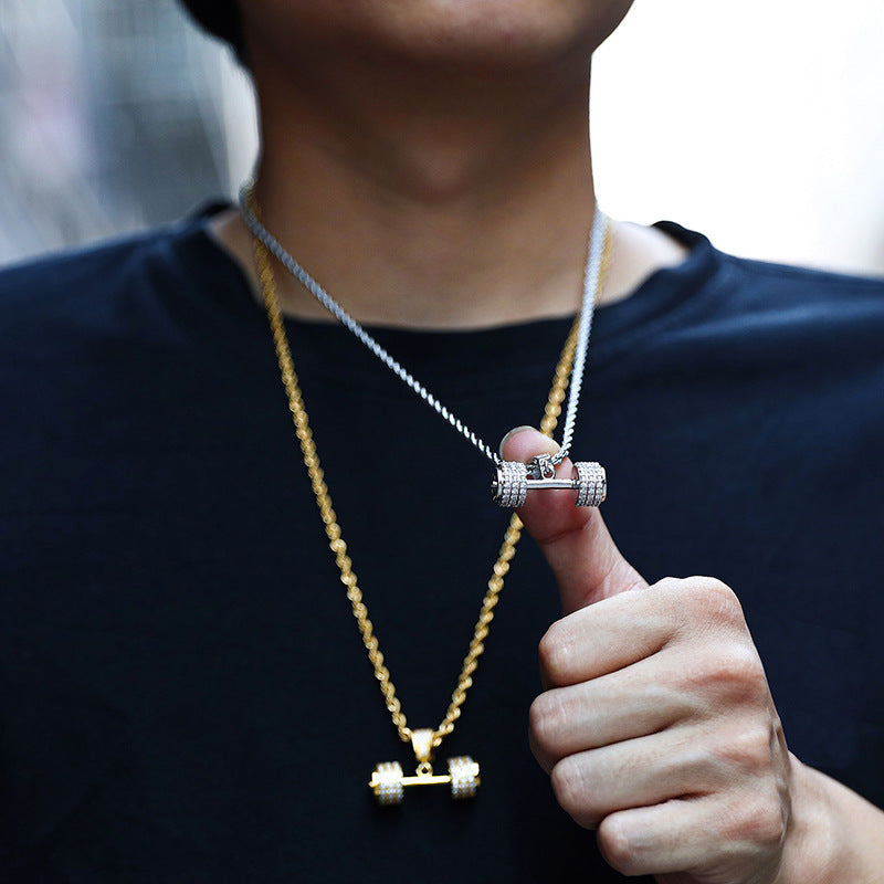 Euro-American Full-Crystal Hip-Hop Pendant Dumbbell Necklace Statement Jewelry