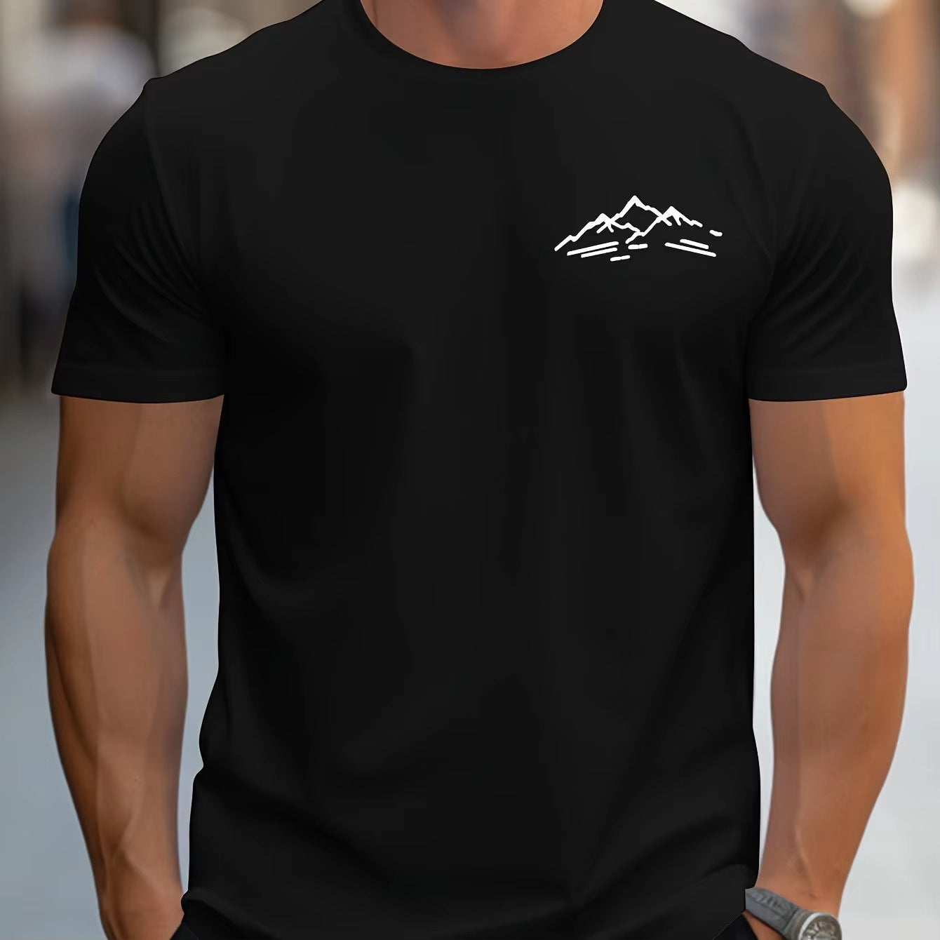 Cotton Relaxed Fit Mountain Pattern Printed Crew Neck Short Sleeve T Shirt For Sports
