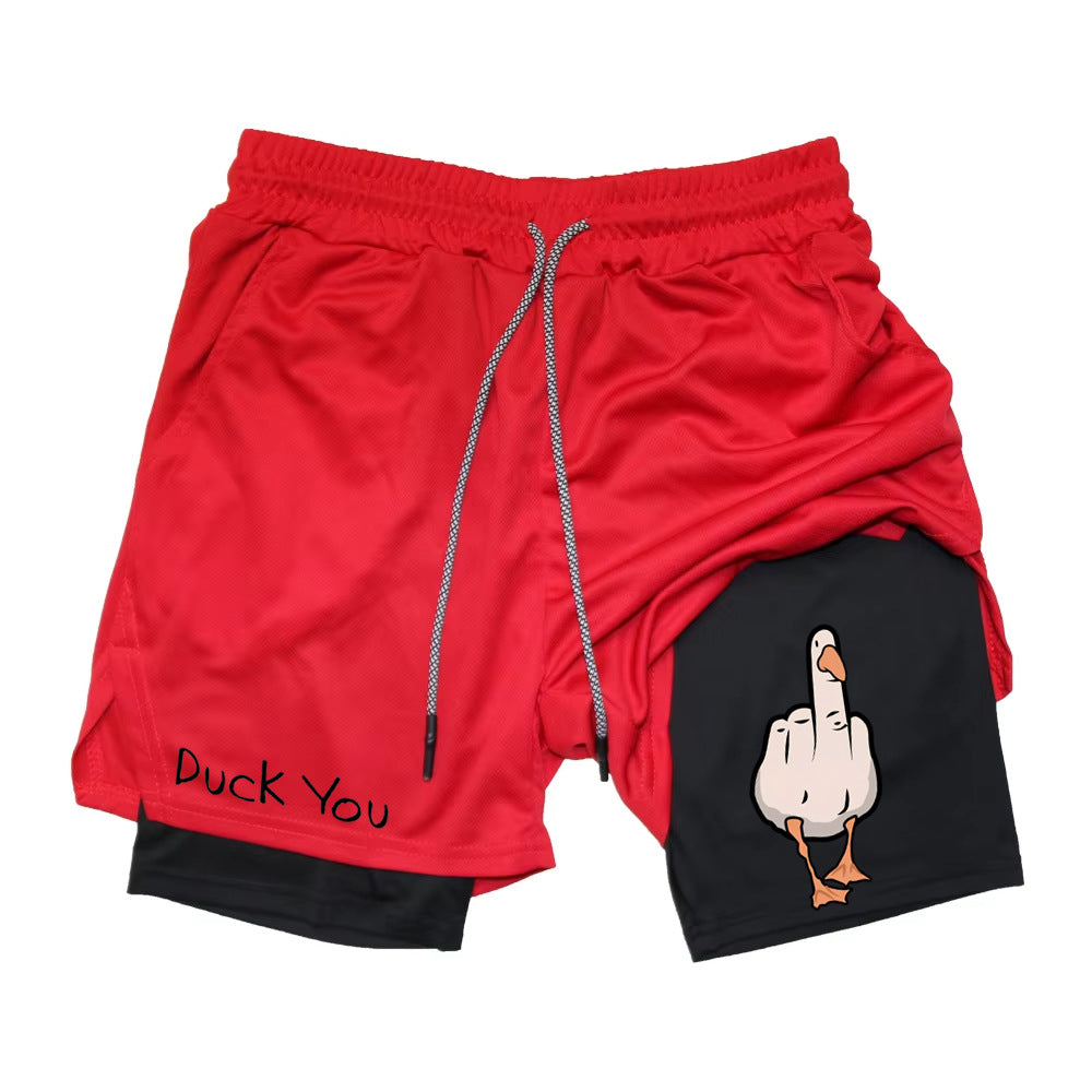 Mens Cartoon Duck Double-Layer Sports Shorts
