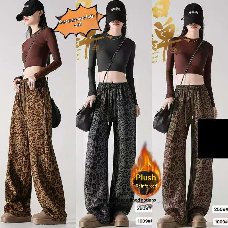 Womens Fleece-Lined Thickened Warm Leopard-Print Drawstring Wide-Leg Pants