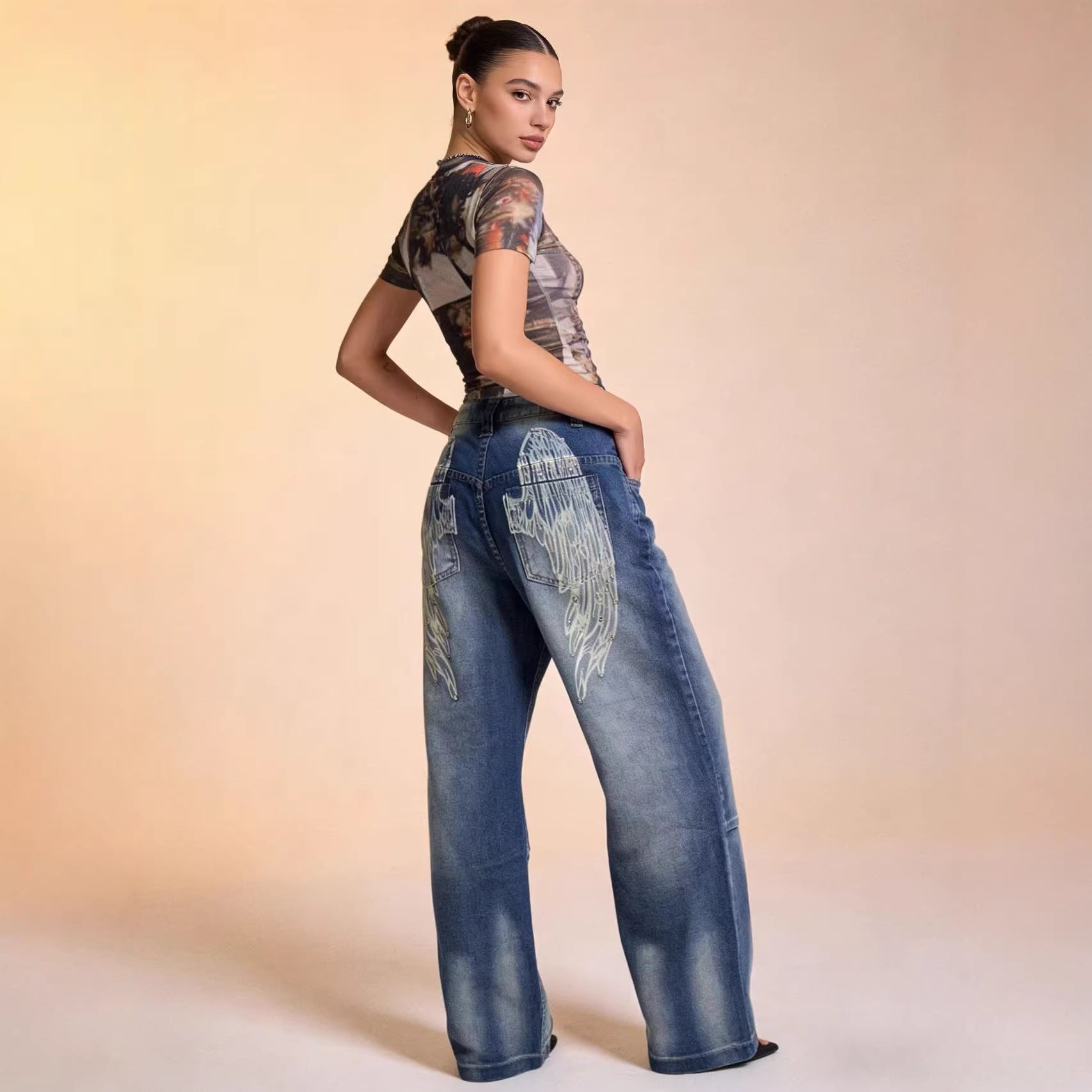 Printed Vintage Loose Wide-Leg Womens Jeans
