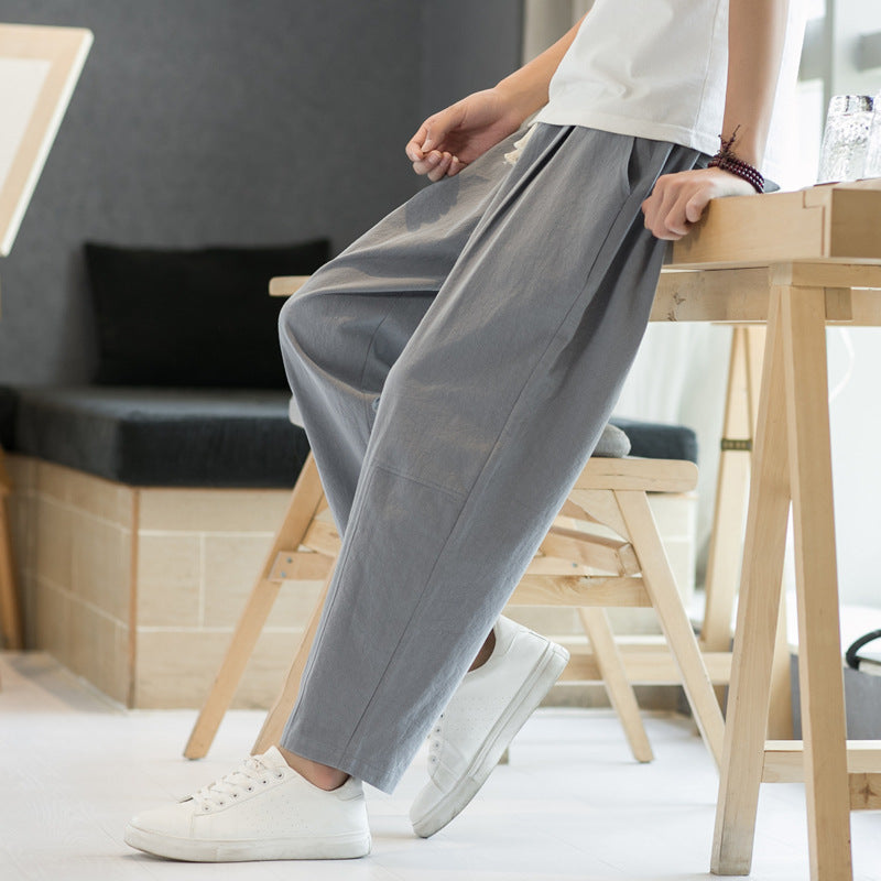 Mens Cotton-linen Relaxed-fit Straight-leg Casual Pants