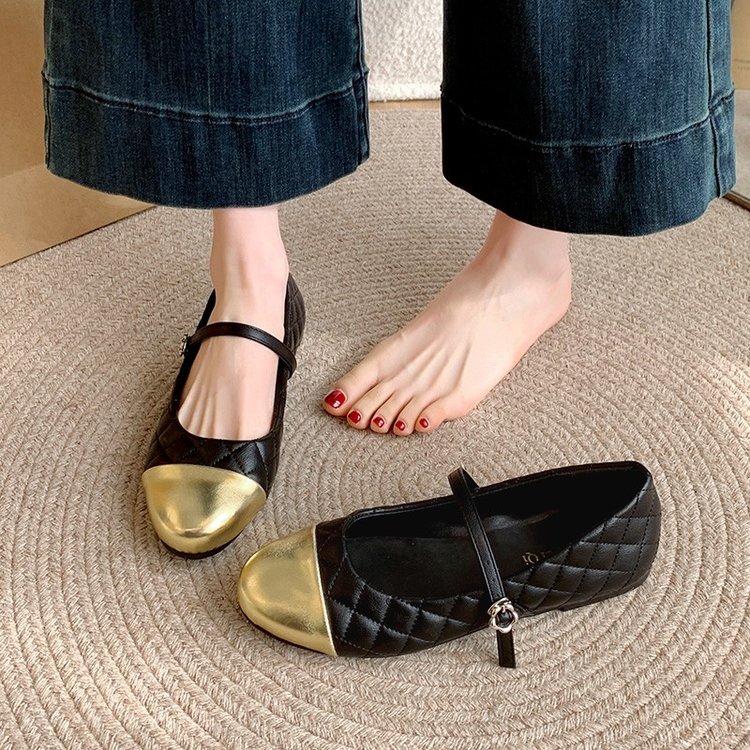 French Style Small Fragrance Color Blocked Round Toe Mary Jane Shoes For Women, Gentle Matching Skirt With A Single Line And Shallow Mouth Single Shoe