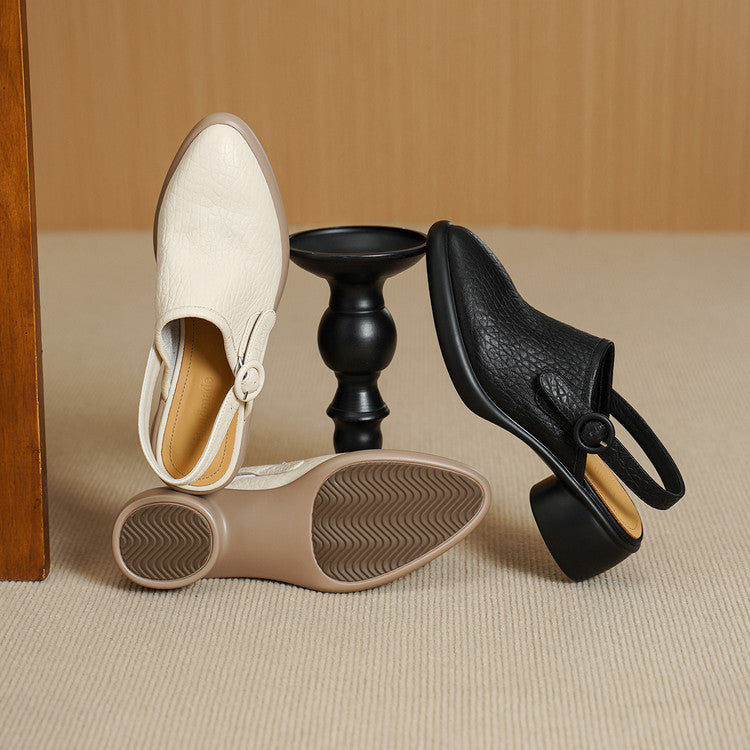 Women's Closed Toe Platform Genuine Leather Sandals, Round Toe, Chunky Heel, Single Buckle Strap, Open Back Roman Style, First-Layer Lambskin Shoes