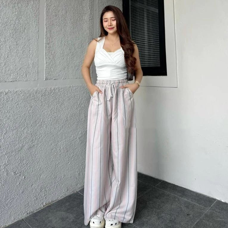 Women's Striped Loose Drawstring Wide-Leg Pants