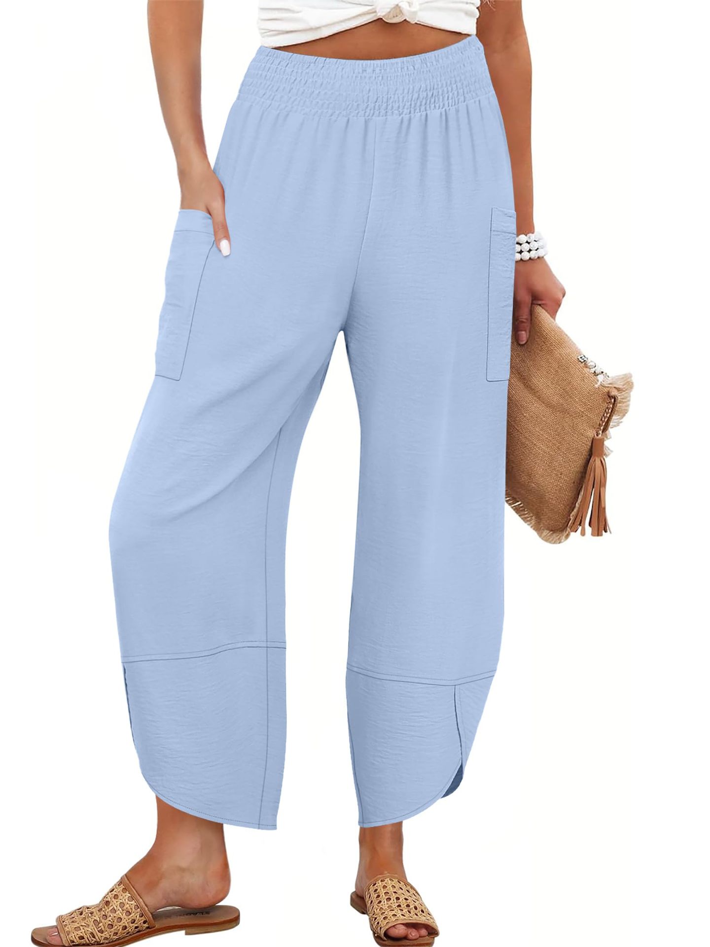 Summer New High-Waist Loose Solid-Color Side-Pocket Cropped Trousers