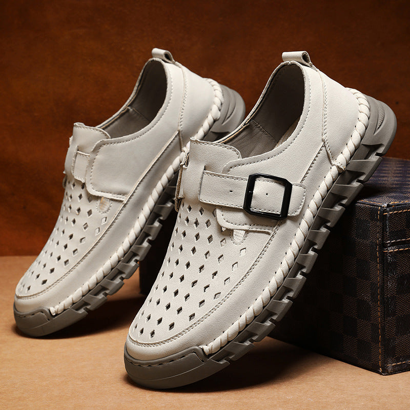 Mens Breathable Stitched Plus-Size Casual Leather Shoes