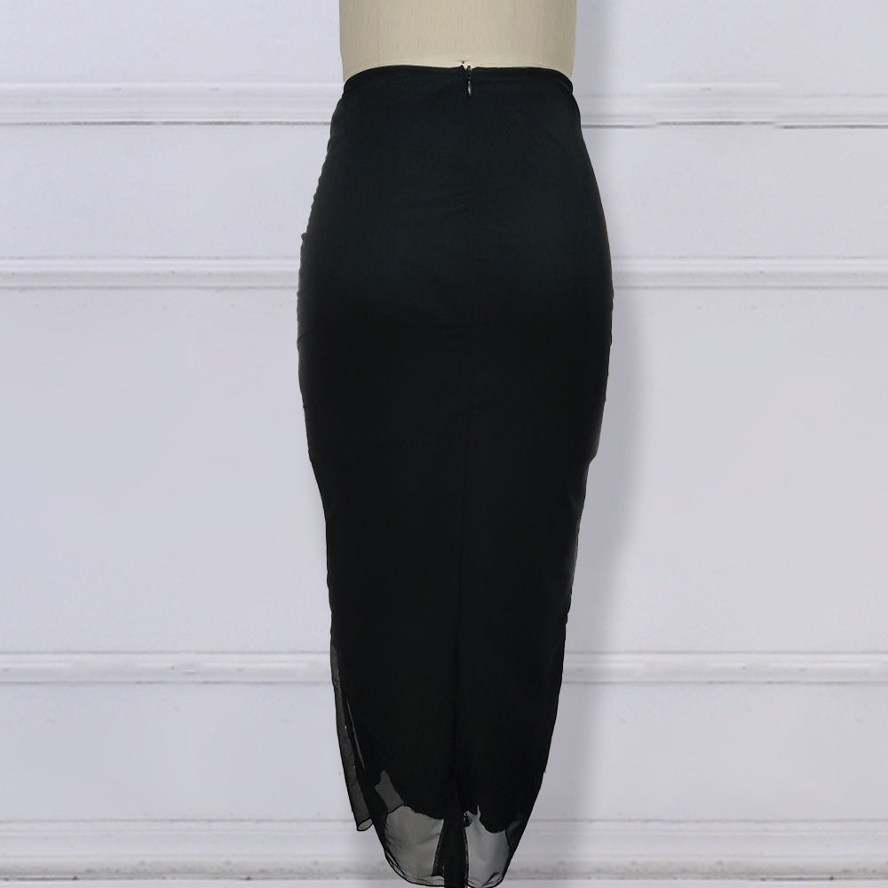 High Waist Bag Hip Mesh  Beaded Elastic Slim Fit Women's Skirt