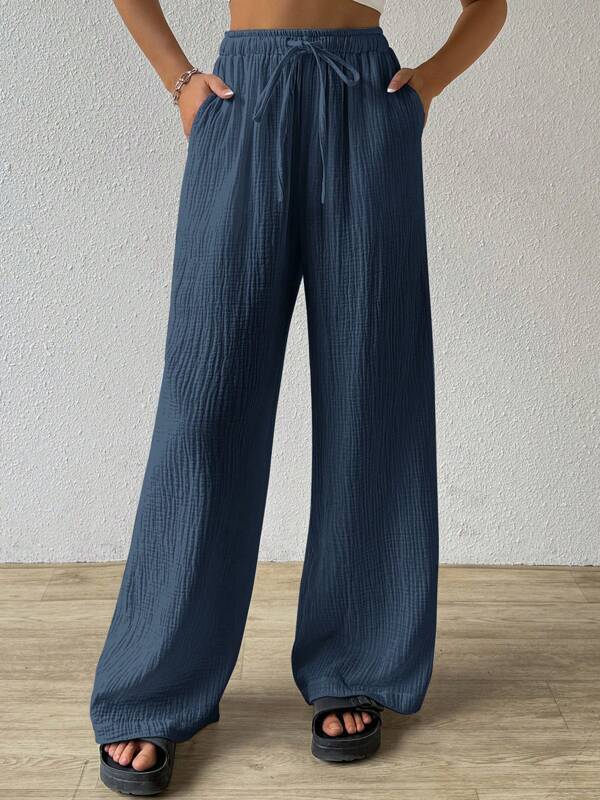 Fashionable Womens Versatile Elastic Waist Casual Wide-Leg Pants