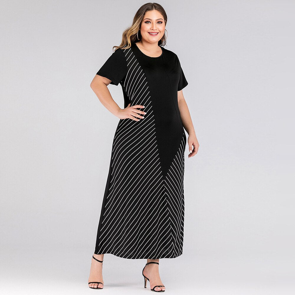 Big Size Women Dress Black Round Neck Short Sleeve Contrast Color Stripe Patchwork Maxi Dresses