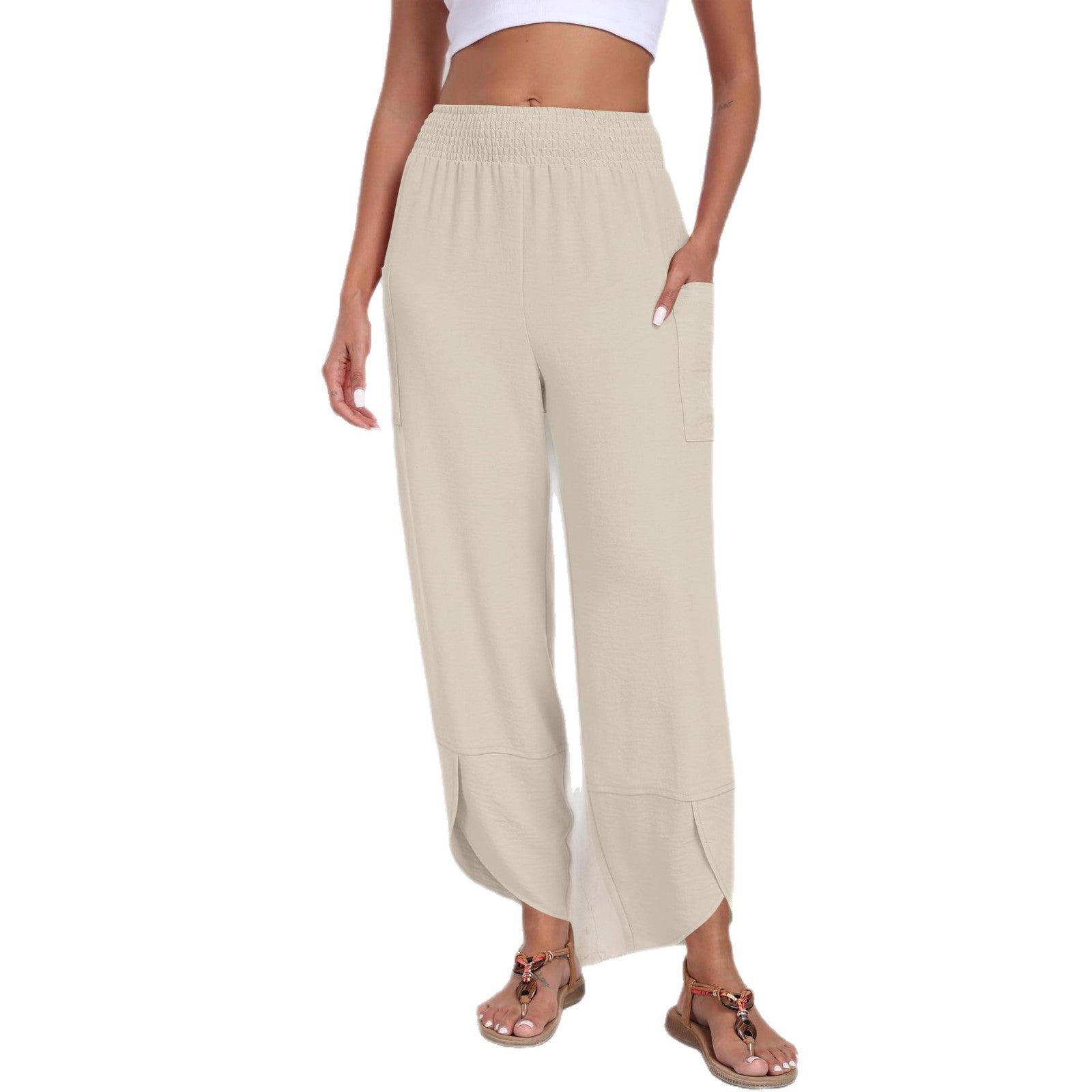 Summer New High-Waist Loose Solid-Color Side-Pocket Cropped Trousers