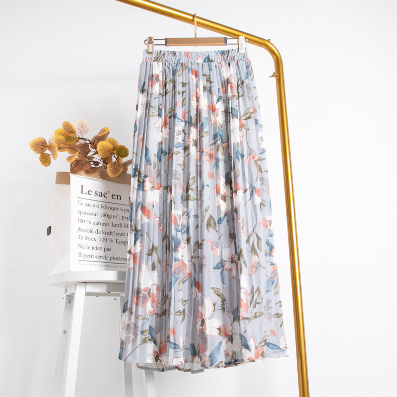 Mid-Length Chiffon Pleated Floral Skirt