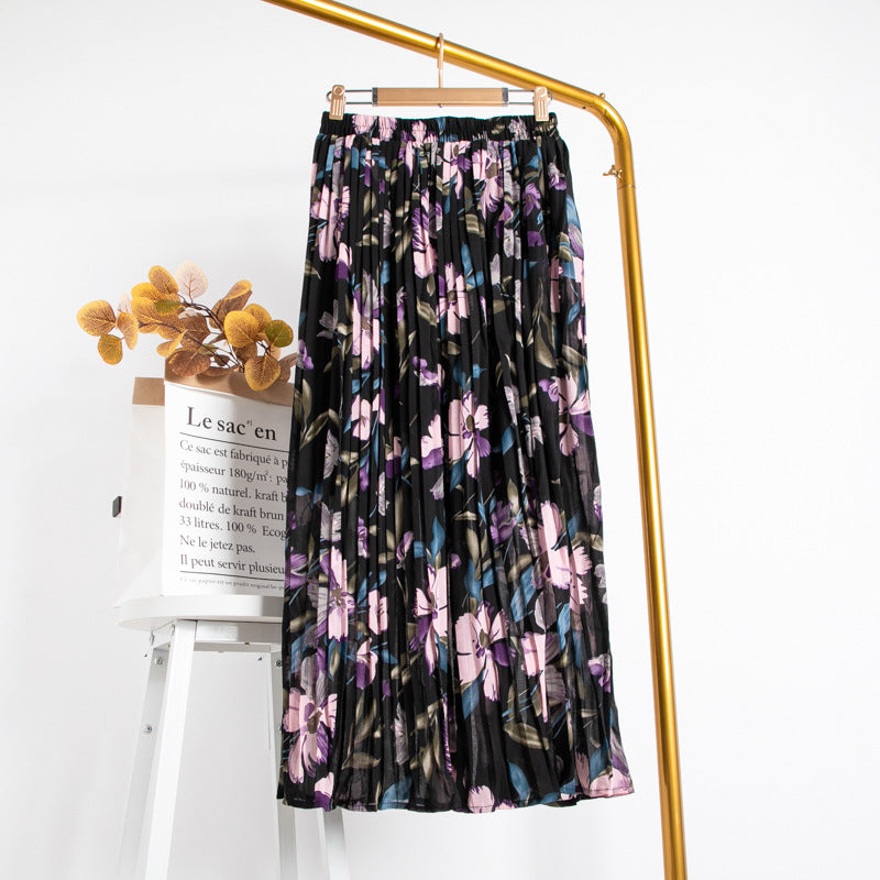 Mid-Length Chiffon Pleated Floral Skirt