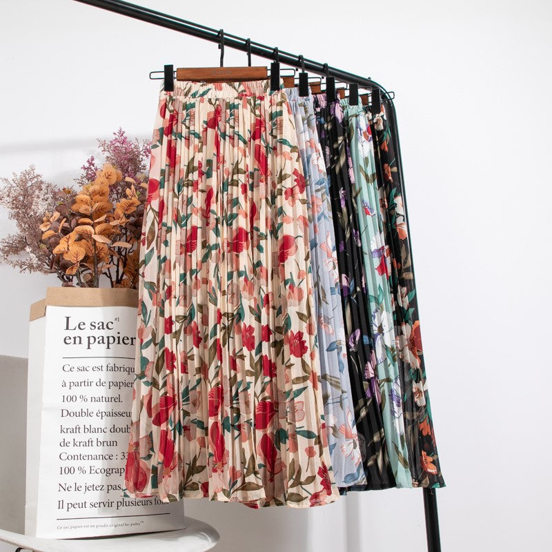 Mid-Length Chiffon Pleated Floral Skirt