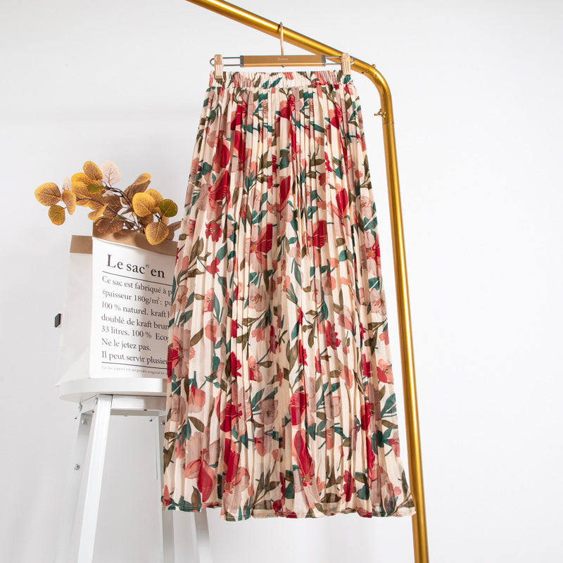 Mid-Length Chiffon Pleated Floral Skirt