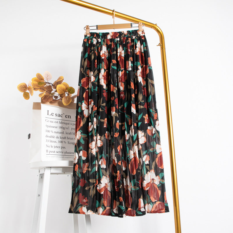Mid-Length Chiffon Pleated Floral Skirt
