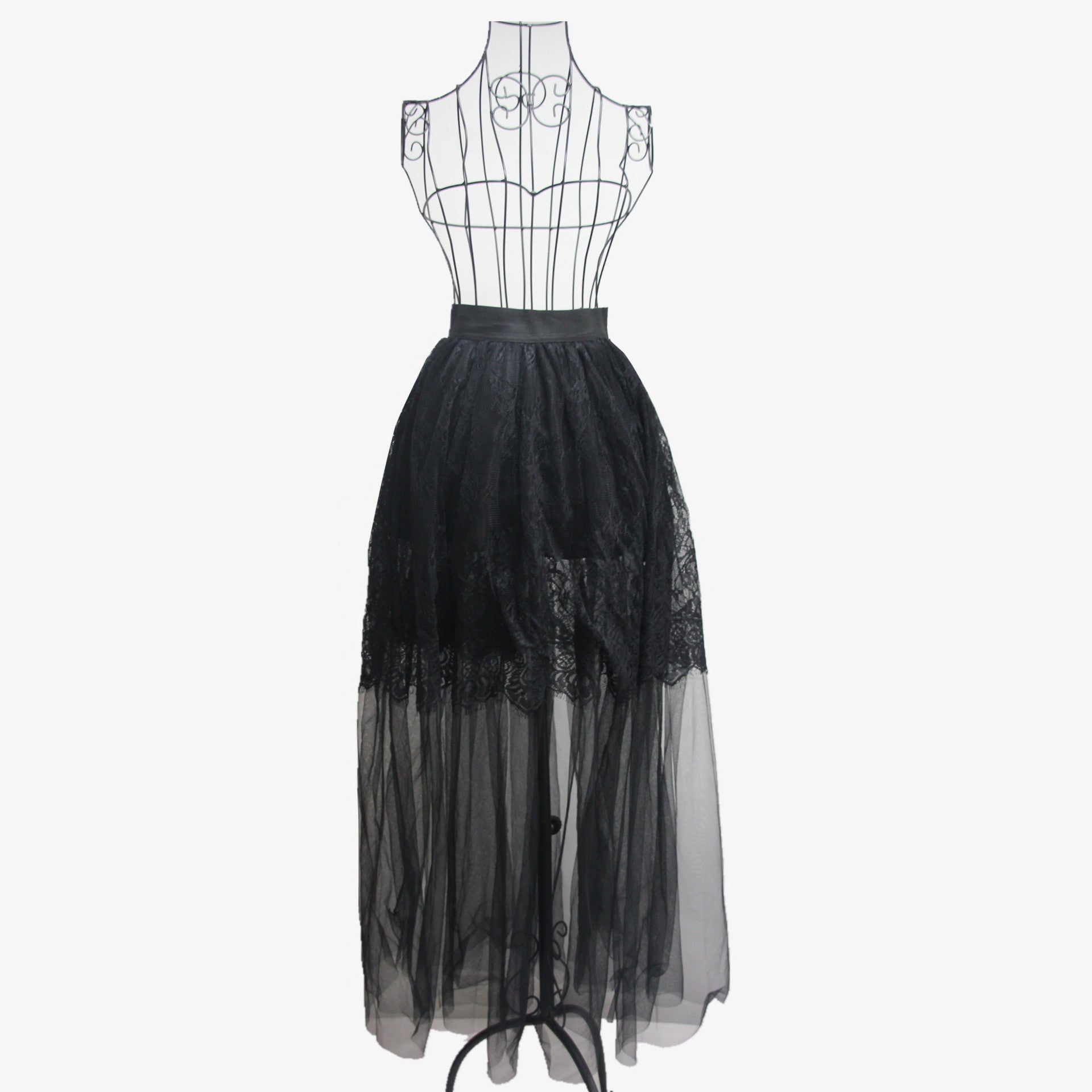Lace Mesh Stitching A-line Pleated Long Skirt